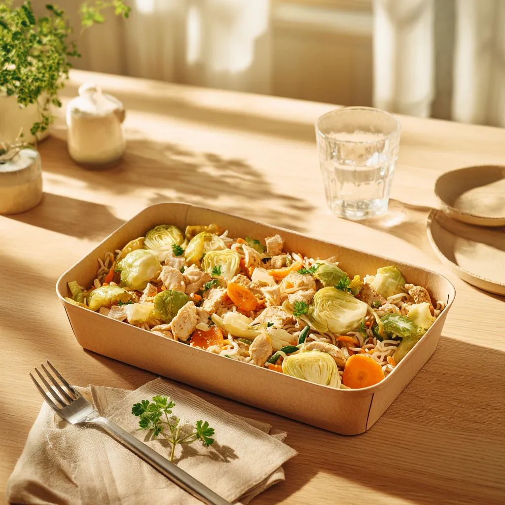 [7092] Bobun au poulet, nouilles de riz, carottes, courgette, chou fleur sauce soja