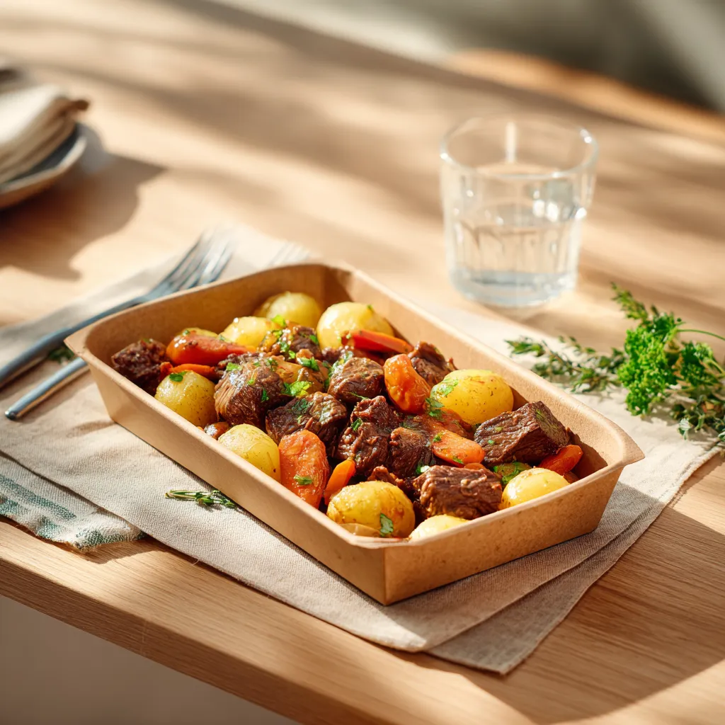 Boeuf bourguignon, carottes confites et écrasé de pommes de terre à l'huile d'olive