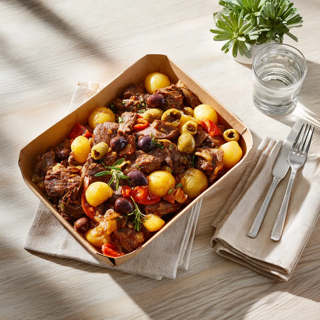 Boeuf confit aux olives, carottes confites et écrasé de pommes de terre à l'huile d'olive