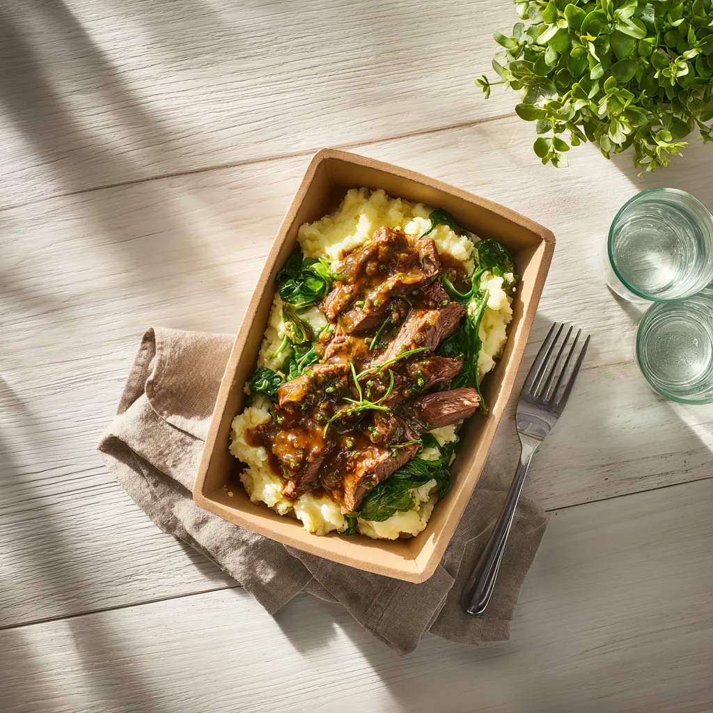 Emincé de boeuf au poivre vert,purée de pomme de terre aux epinards