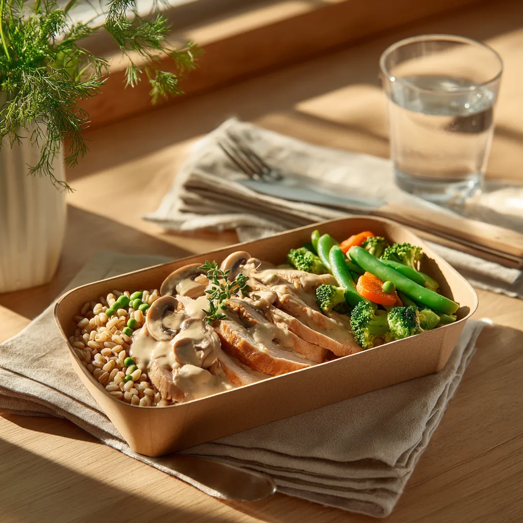 Emincé de dinde crème champignons, mélange de légumes verts et blé