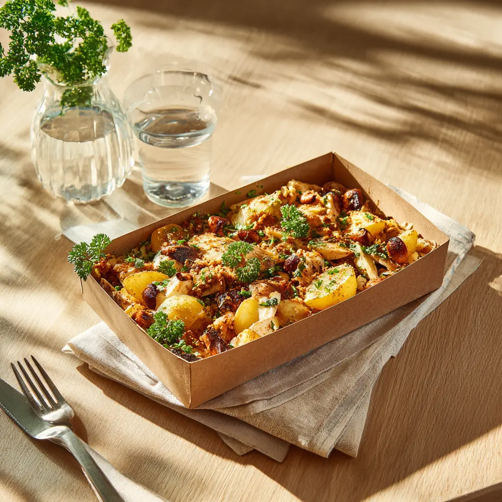 Emincé de poulet à la forestière, gratin de pommes de terre au lard et châtaignes