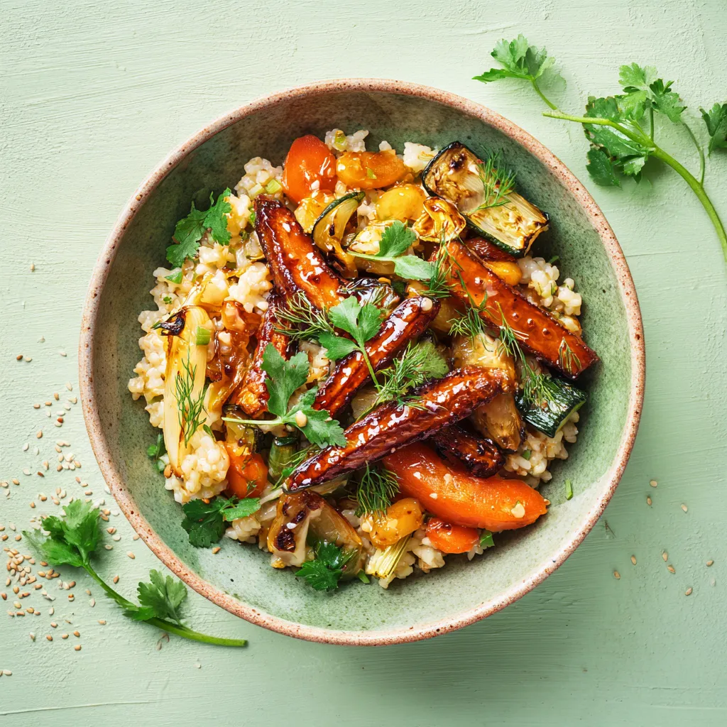 Emincé végé au sirop d'érable, risotto aux légumes confits à l'aneth