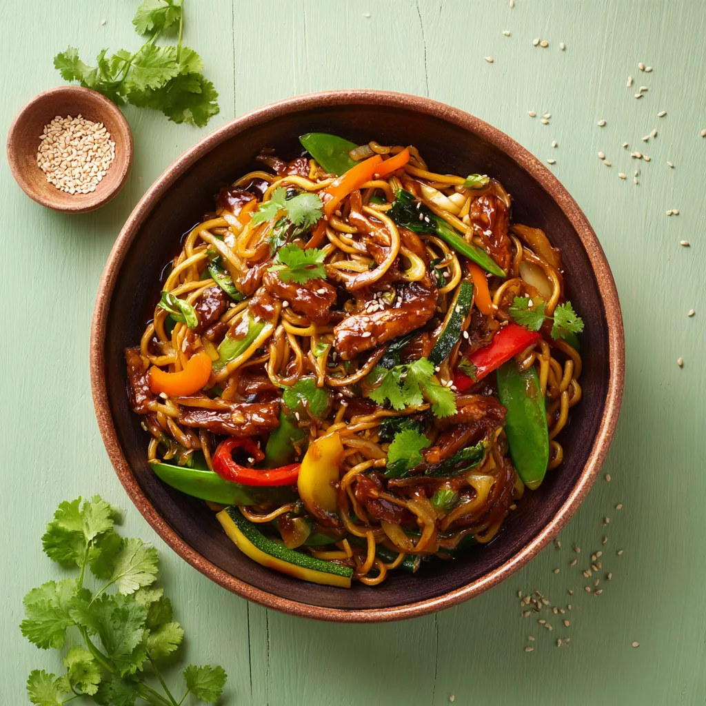 Emincé végé sauce soja, nouilles chinoises et légumes wok