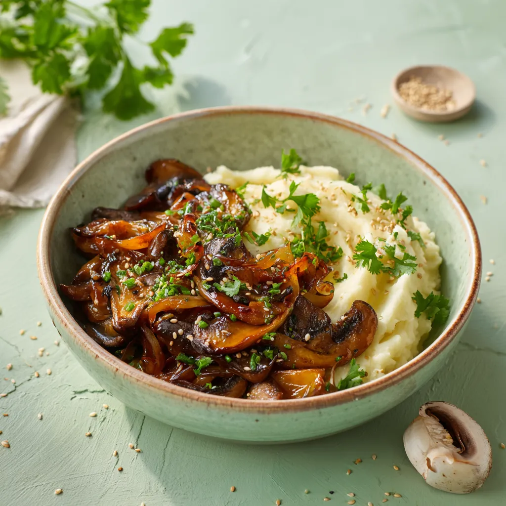 Emincé végé, poêlée de champignons et purée de pommes de terre à la ciboulette