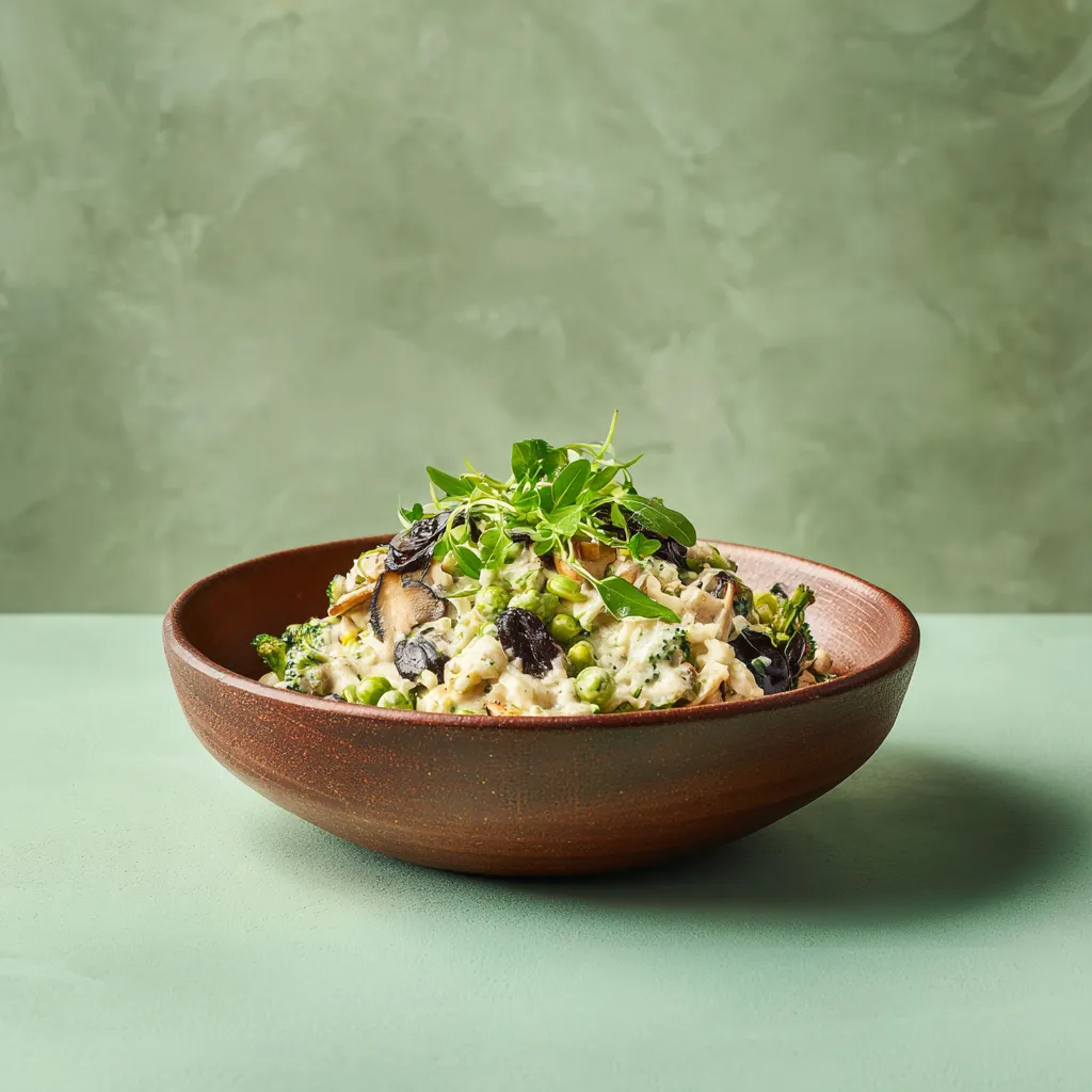 Emincé végétal crème champignons, mélange de légumes verts et blé