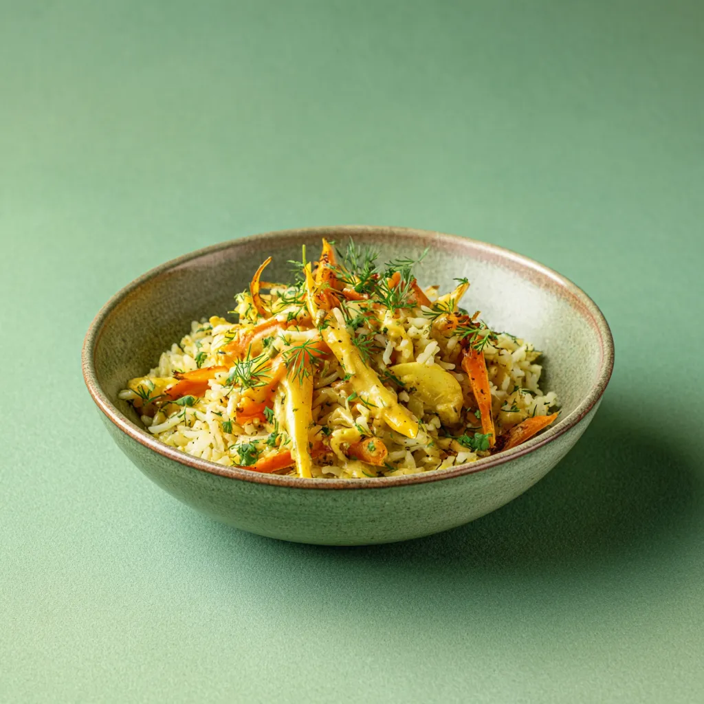 [6575] Émincée végétale(pois,blé) sauce aux deux moutardes, riz pilaf