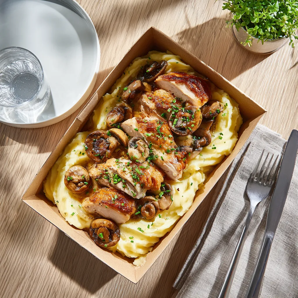 Filet de poulet rôti, poêlée de champignons et purée de pommes de terre à la ciboulette