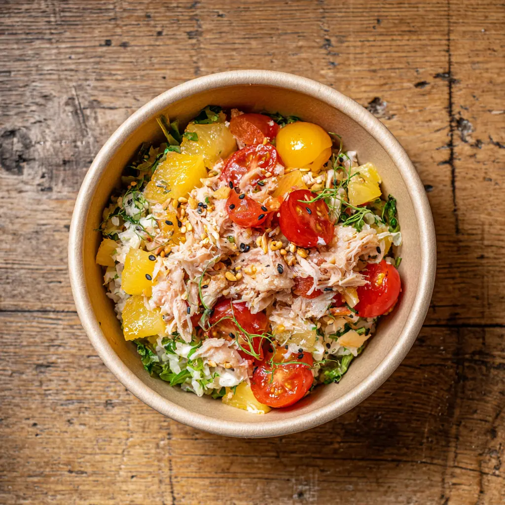 Fraich'Bol Exotique au thon (riz, thon, ananas, salade, tomates), vinaigrette passion