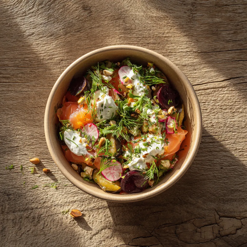 [5992] Fraich'Bol Nordique( Mini serpentini, saumon, aubergine marinées, radis, fromage fouetté, ciboulette),  huile d’olive