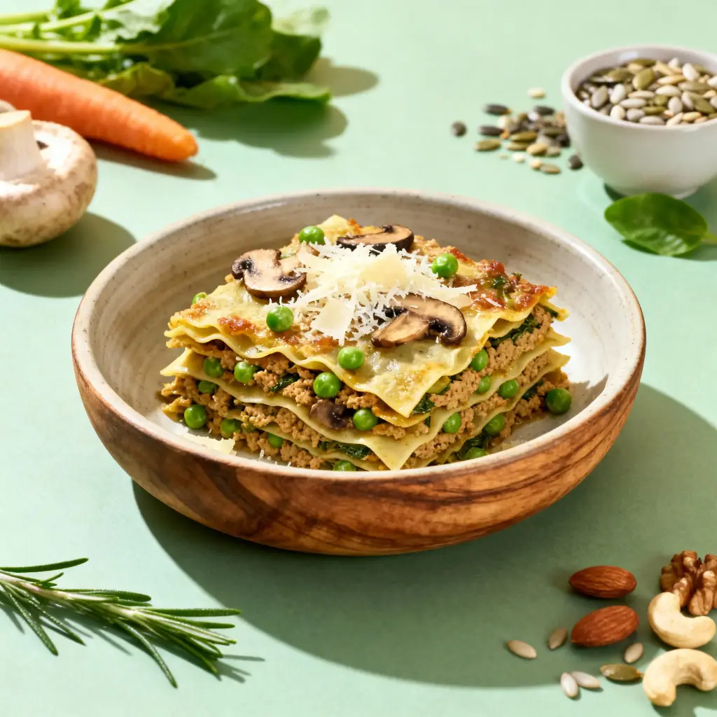 Lasagnes à la Sicilienne végé (soja, champignons, parmesan, petits pois)