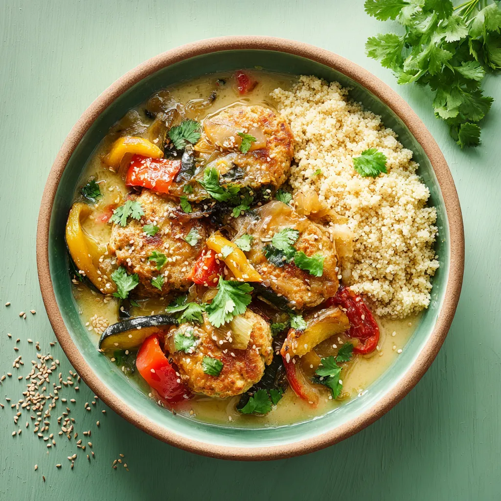 Mijoté de galette de blé au citron, semoule aux légumes et épices