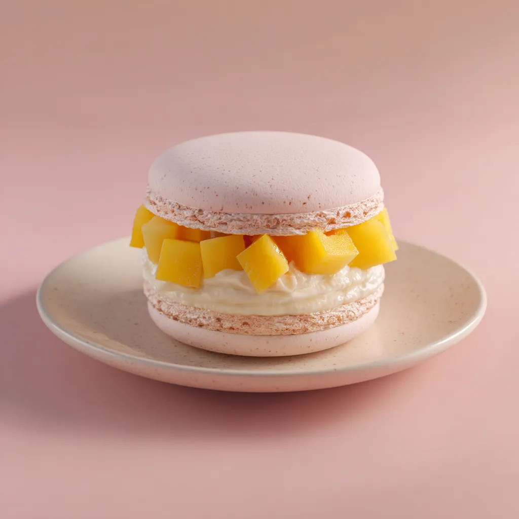Macaron mousse vanille cube mangue