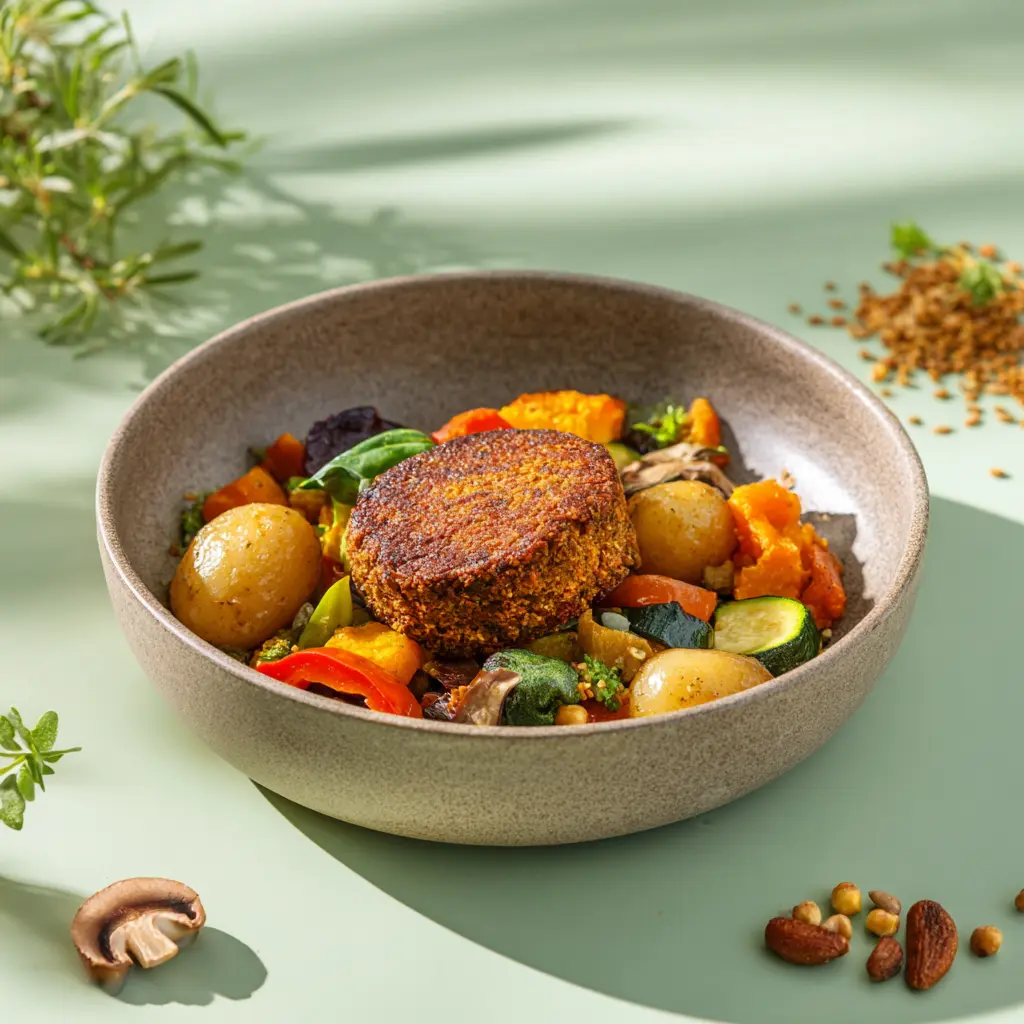 Pané de blé au miel, gnocchis de pomme de terre et légumes du soleil (pois gourmand, poivron, carotte et courgette)