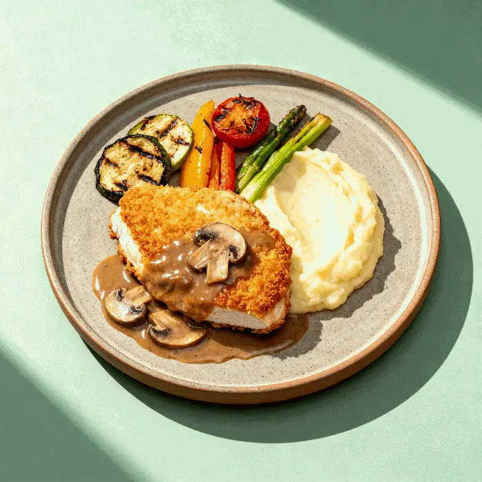 Pané de blé sauce champignon, puree de pomme de terre et legume grille