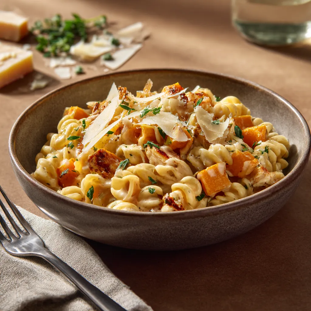 Pastas du jour Coquillettes au comté et au butternut et émincé de poulet roti