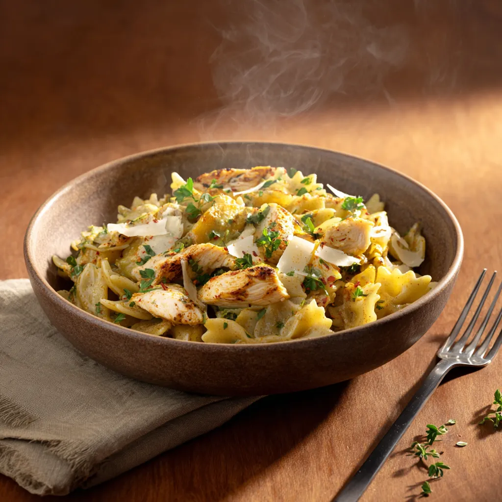 [6542] Pastas du jour farfalles au poulet, sauce curry et pommes