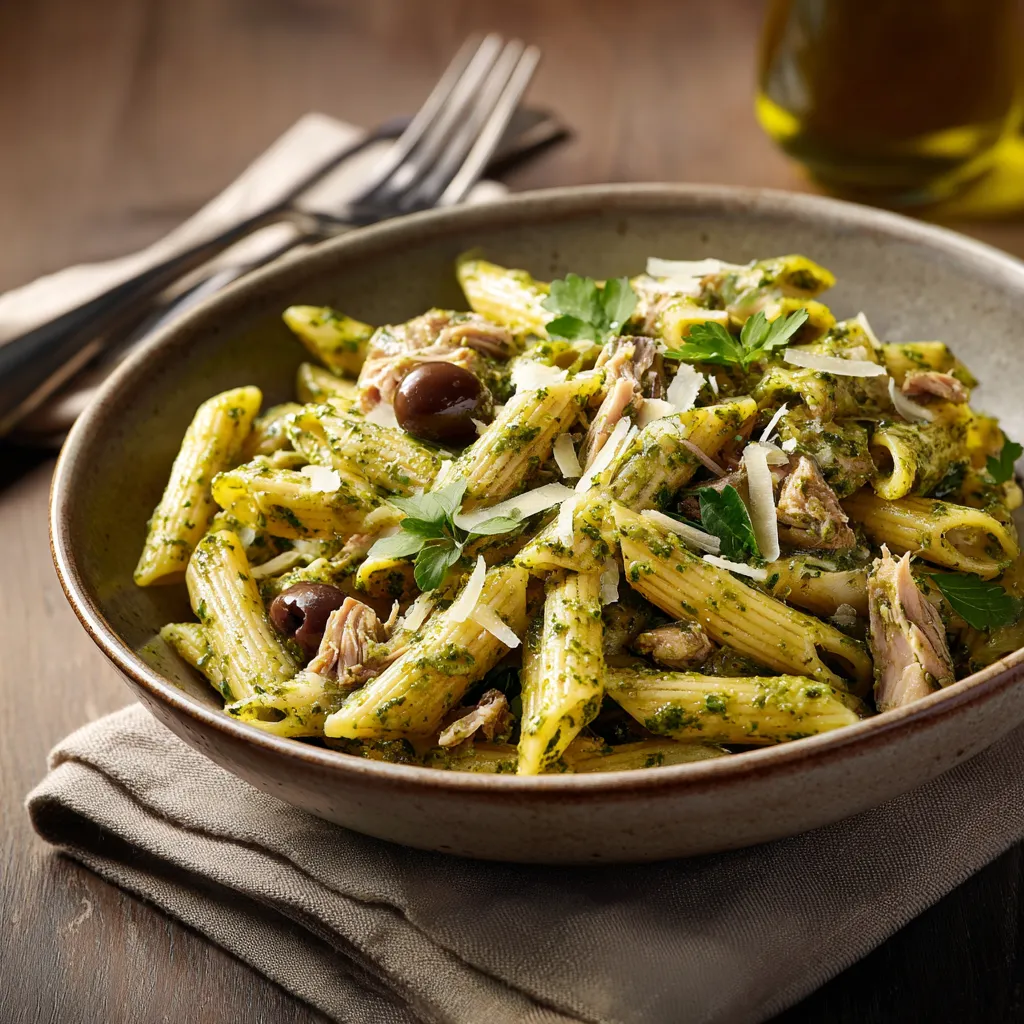 Pastas du jour Penne Rigate pesto vert, thon et olives
