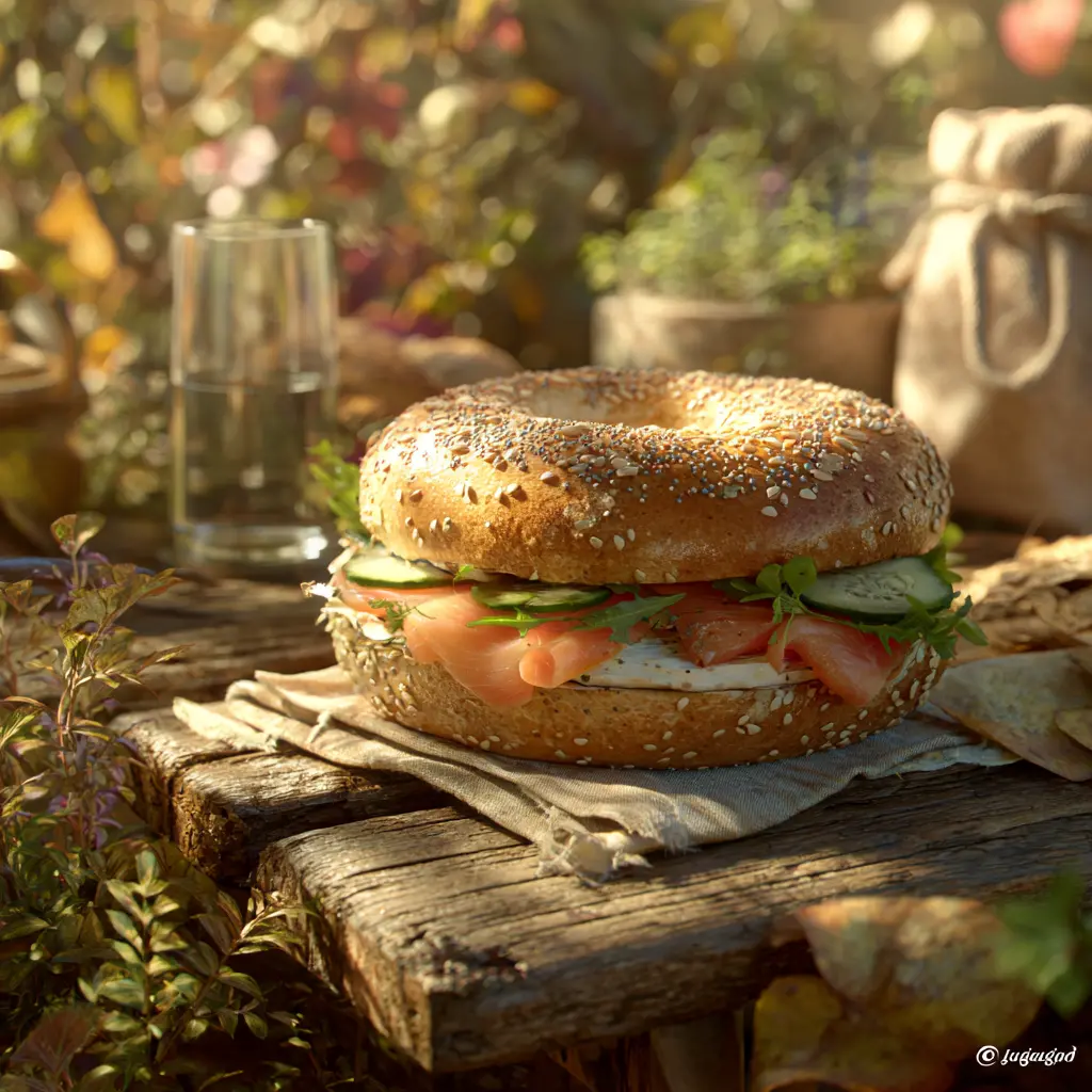 Pique -Mie "Bagel Lox" (bagel, saumon, cream chesse à la ciboulette, concombre, tomate, salade )