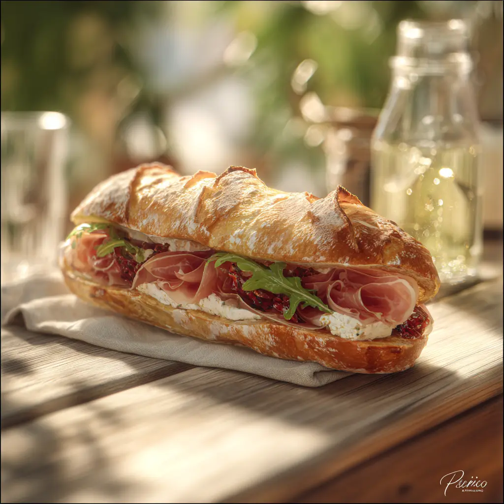 Pique -Mie Le Chèvre (Baguette tradition, jambon de pays, fromage frais au chèvre, tomates confites, salade)