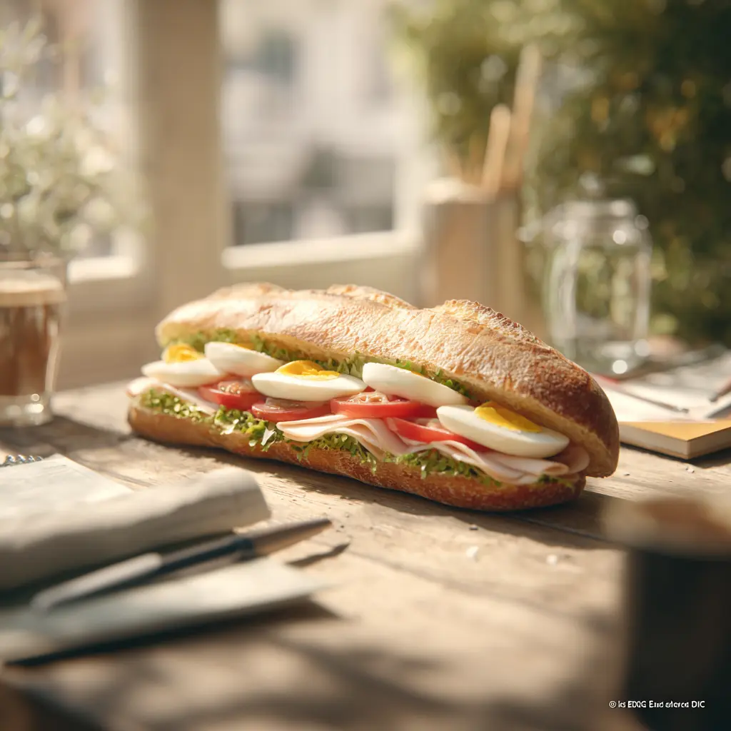 [6879] Pique -Mie "Le Complet Poulet" (baguette sandwich, poulet, oeuf dur, tomate, salade, mayonnaise)