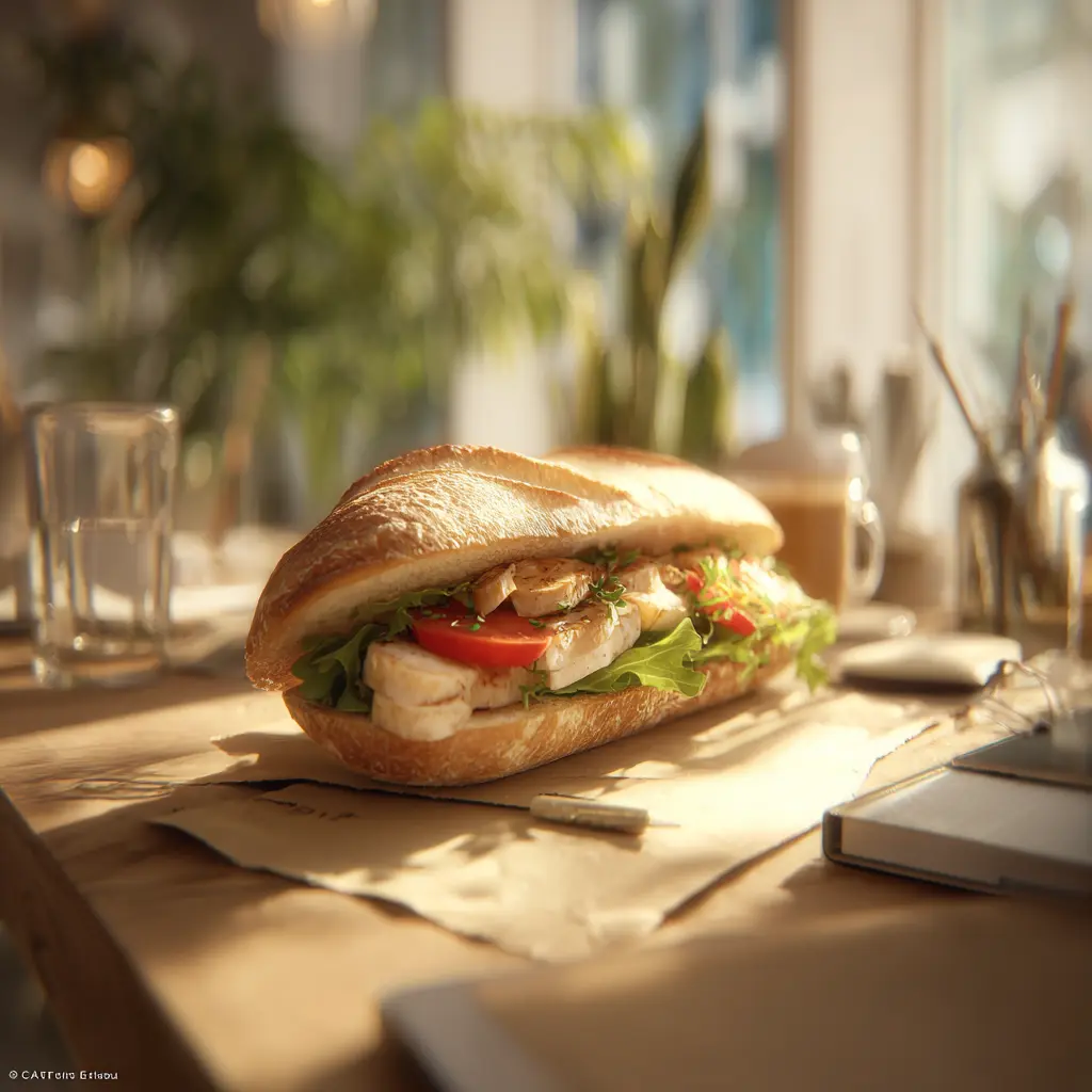 Pique -Mie "Romain" (baguette sandwich, poulet, tomates, mozzarella, tapenade, salade)