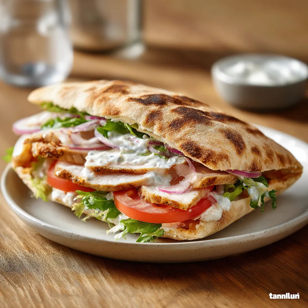 Pique- Mie "Libanais" (pain kébab, filet de dinde, tomates, oignons, salade, sauce blanche)