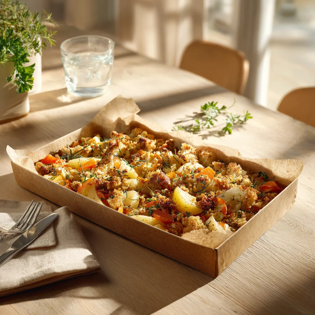 [4650] Poisson du jour (colin) crumble à la ciboulette, poêlée de légumes et pommes vapeur