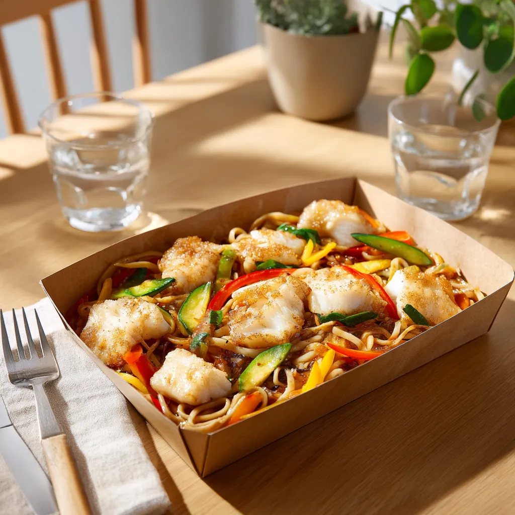 Poisson du jour (lieu noir) sauce asiatique, légumes wok et nouilles Chinoises