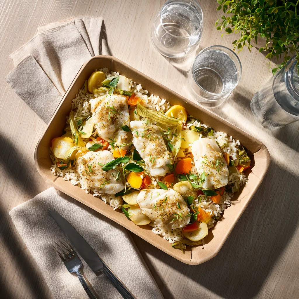 Poisson du jour Filet de lieu noir poché à la citronnelle et coco, Riz basmati et petits légumes