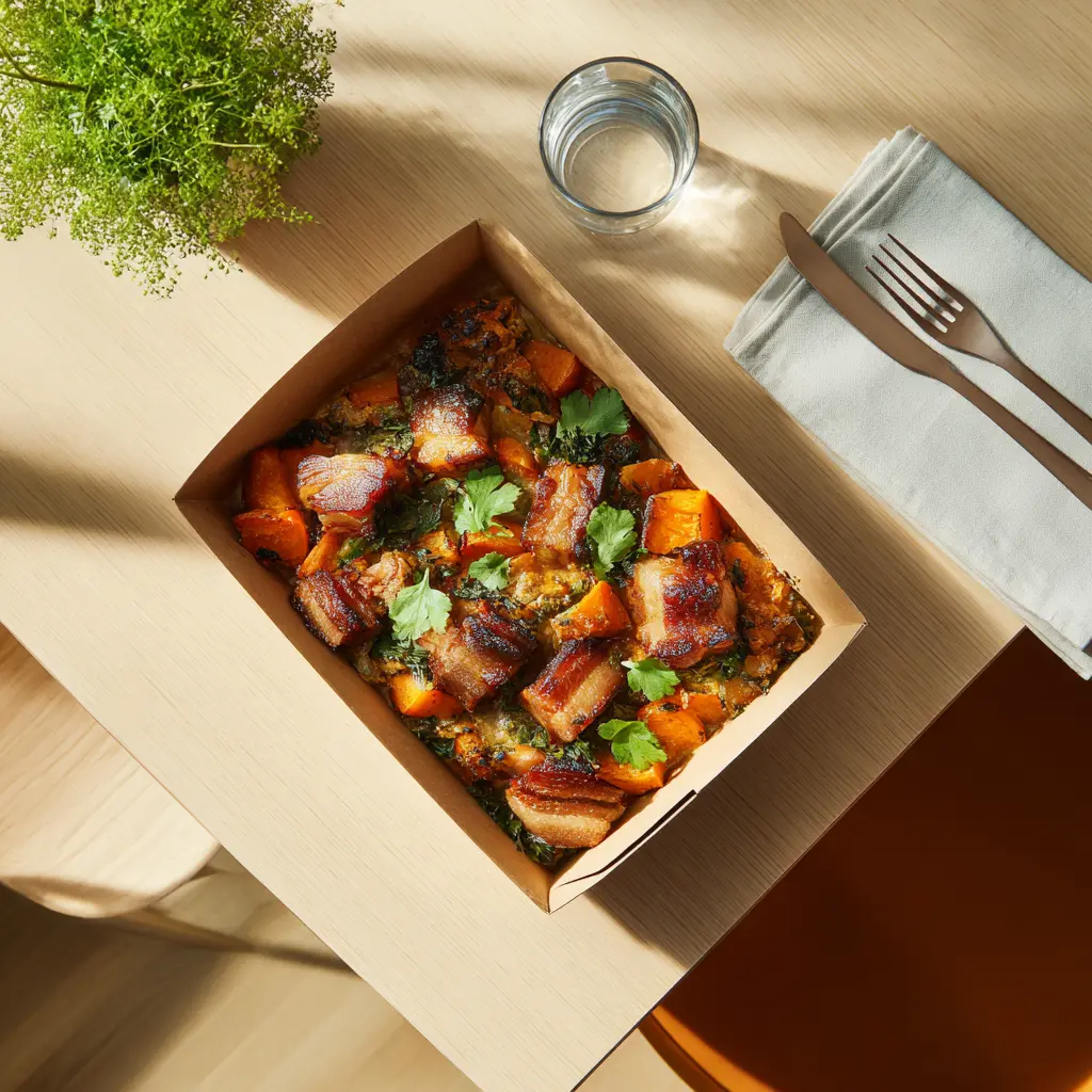 [1984] Poitrine de porc laqué au miel, gratin de patates douces et coriandre