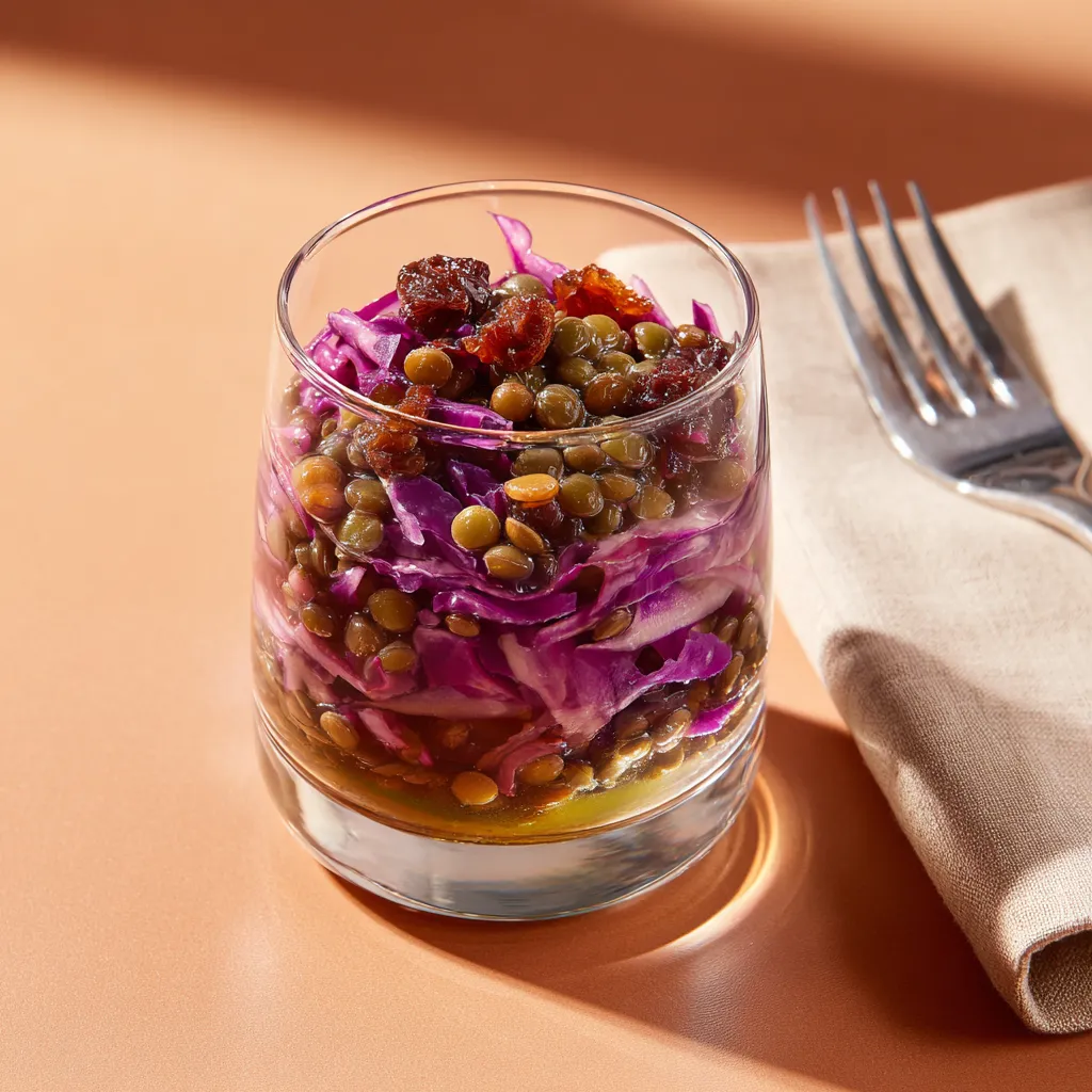 [4307] Salade de lentilles vertes, chou rouge et raisin sec, vinaigrette au cidre à la part