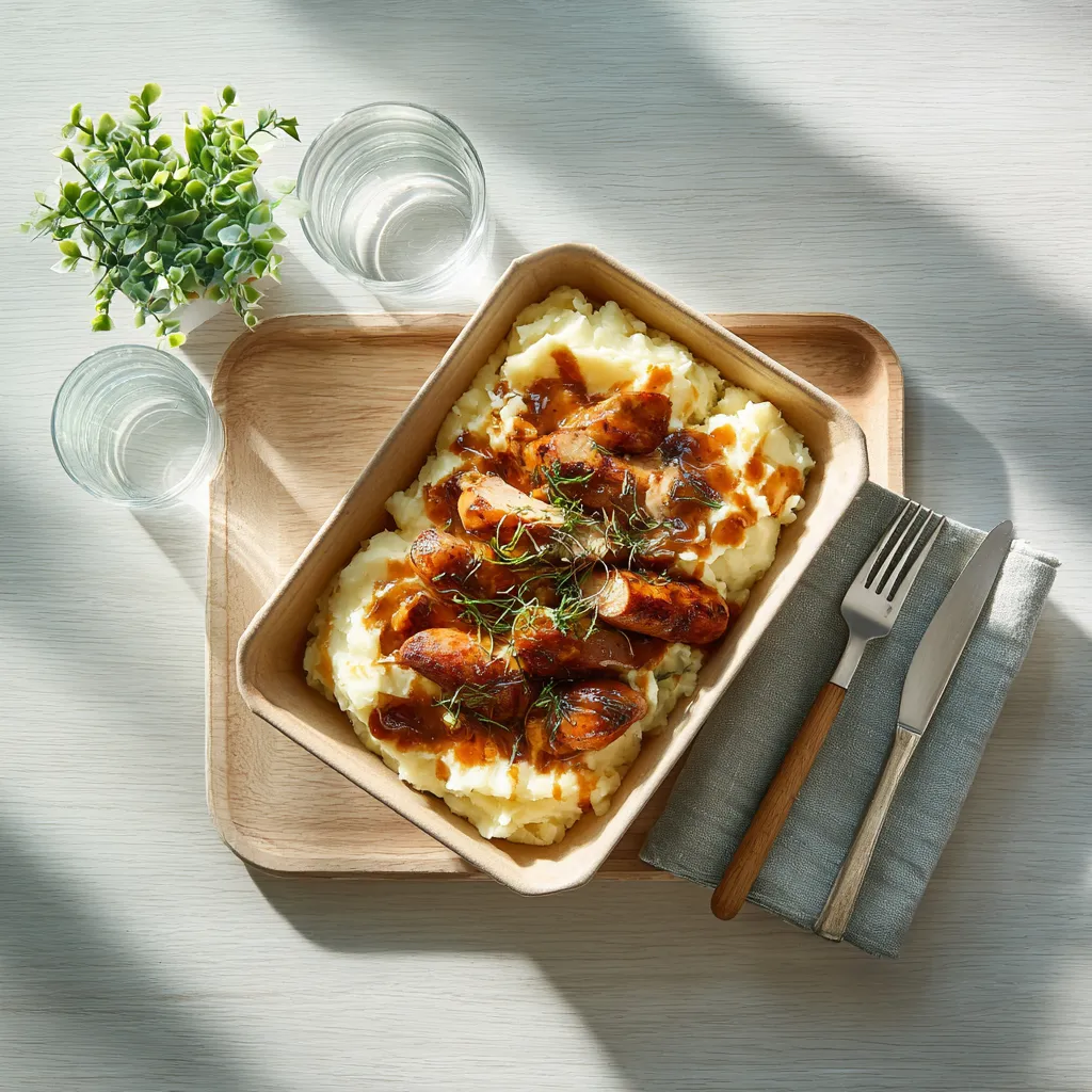 Saucisse grillée, purée de pomme de terre, sauce échalotes