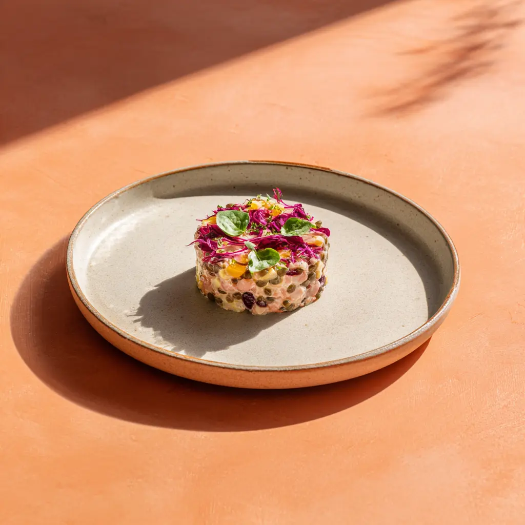 Verrine de lentilles vertes, chou rouge et raisin sec, vinaigrette au cidre