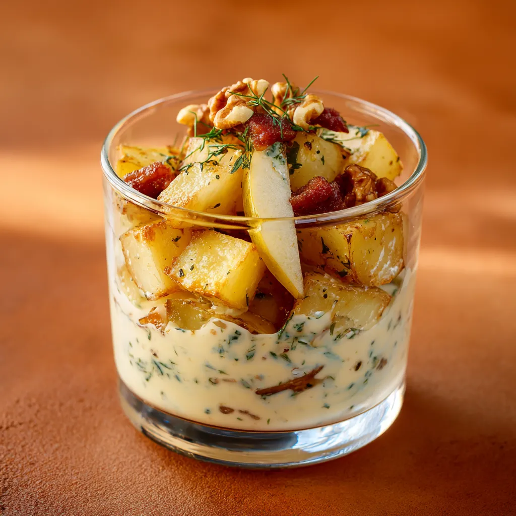 Verrine paysanne ( Pomme de terre, lardons, pommes, noix )